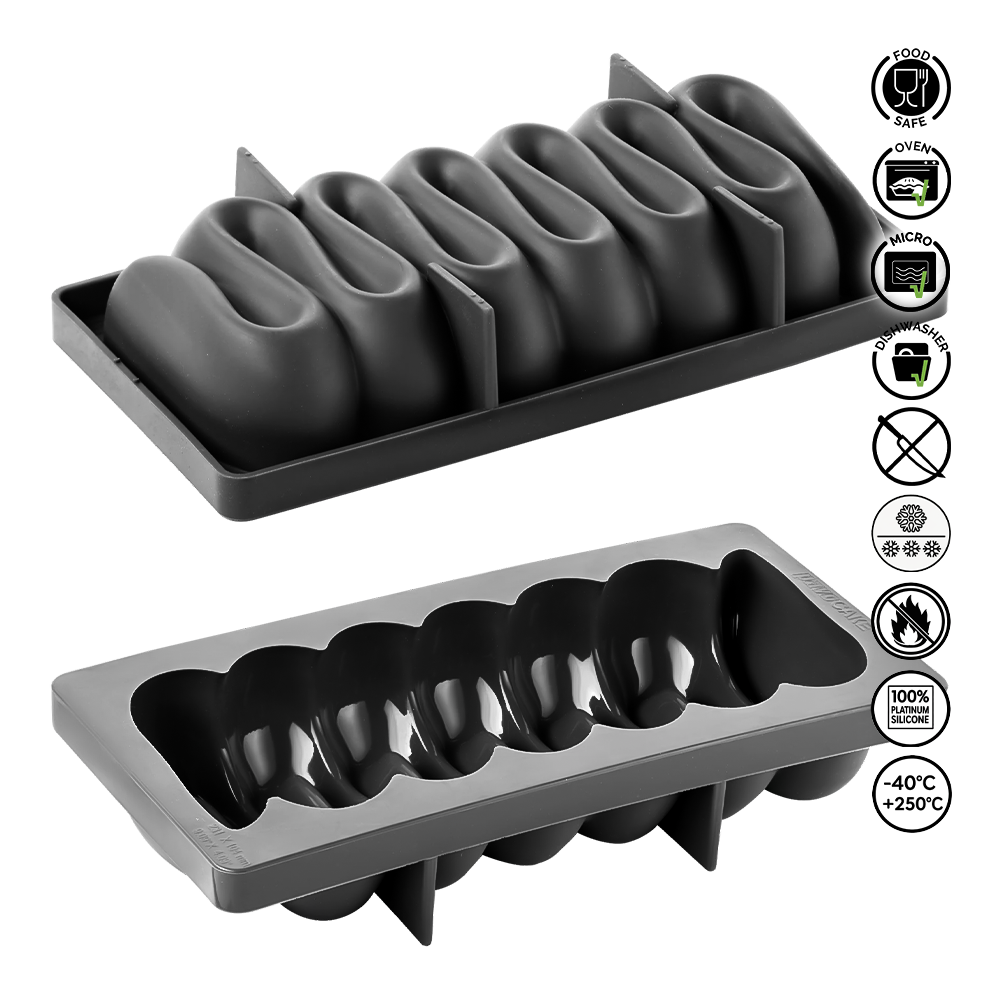 Gray silicone ice cube tray with multiple compartments on a white background