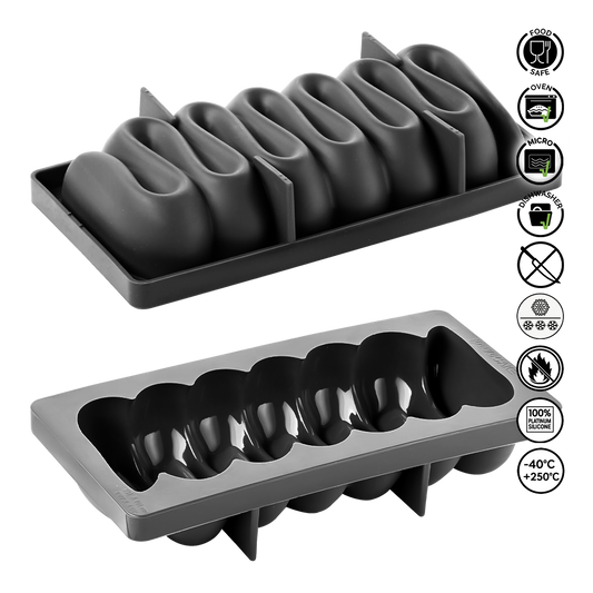 Gray silicone ice cube tray with multiple compartments on a white background
