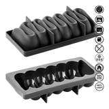 Gray silicone ice cube tray with multiple compartments on a white background