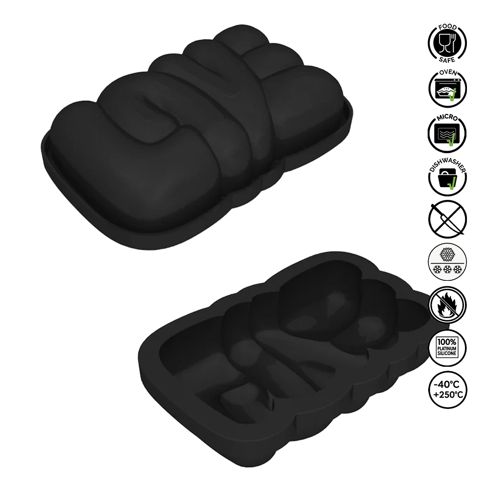 Black silicone bread mold with multiple compartments on a white background