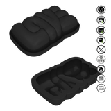 Black silicone bread mold with multiple compartments on a white background