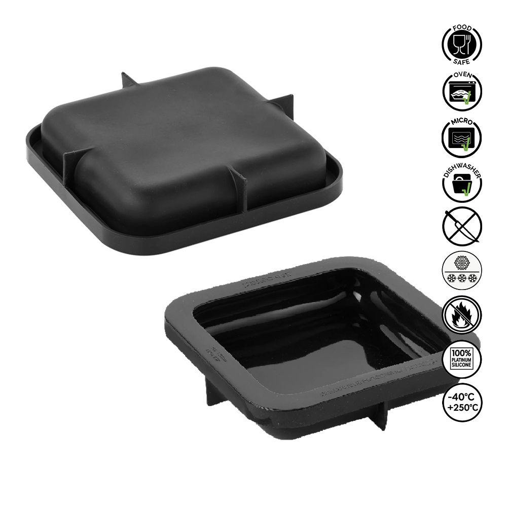 Two black silicone trays with food safety and usage icons on a white background