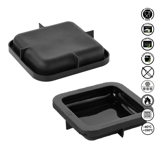 Two black silicone trays with food safety and usage icons on a white background