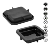 Two black silicone trays with food safety and usage icons on a white background