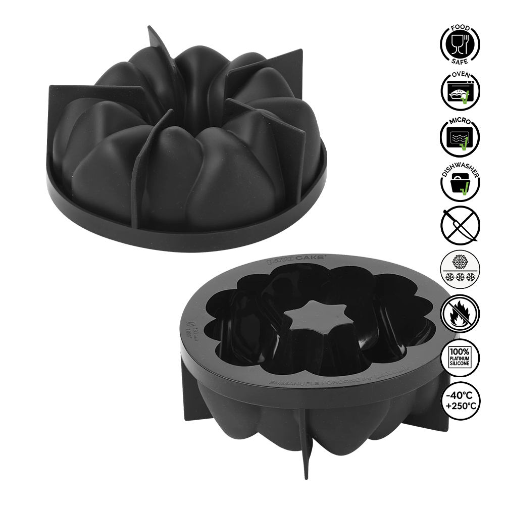 Black bundt cake mold with features listed on a white background