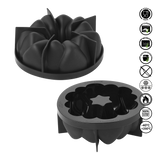 Black bundt cake mold with features listed on a white background