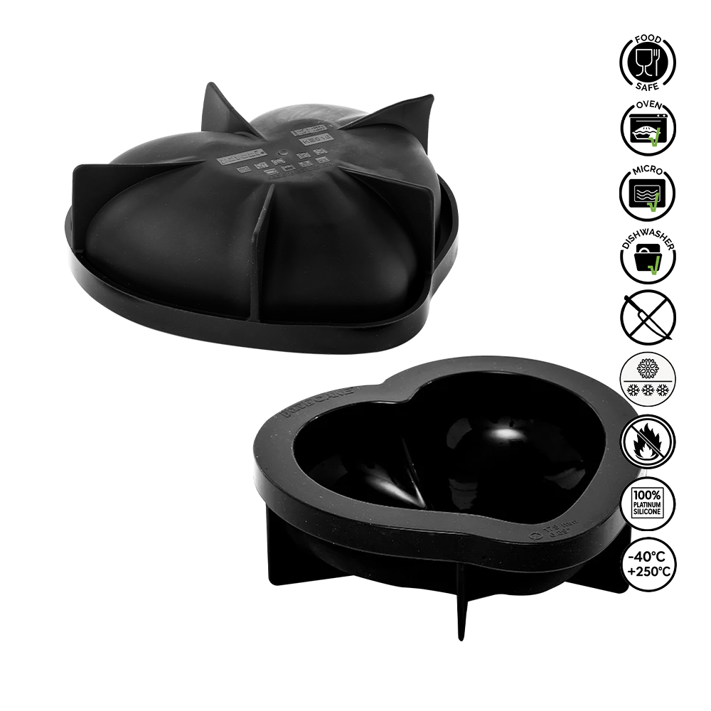 Black silicone mold shaped like a cat's head and heart with safety icons on a white background.