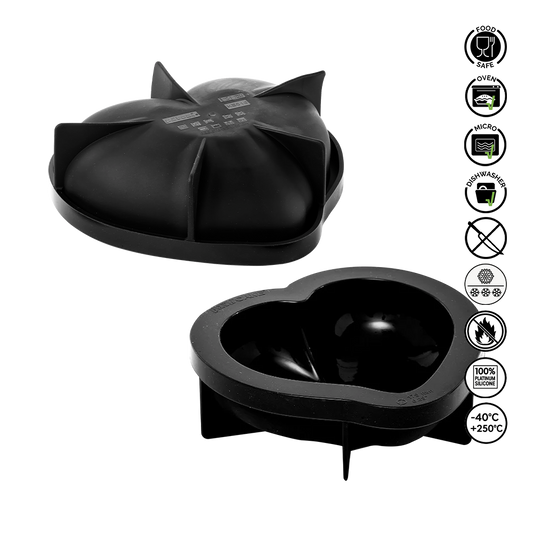 Black silicone mold shaped like a cat's head and heart with safety icons on a white background.