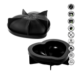 Black silicone mold shaped like a cat's head and heart with safety icons on a white background.