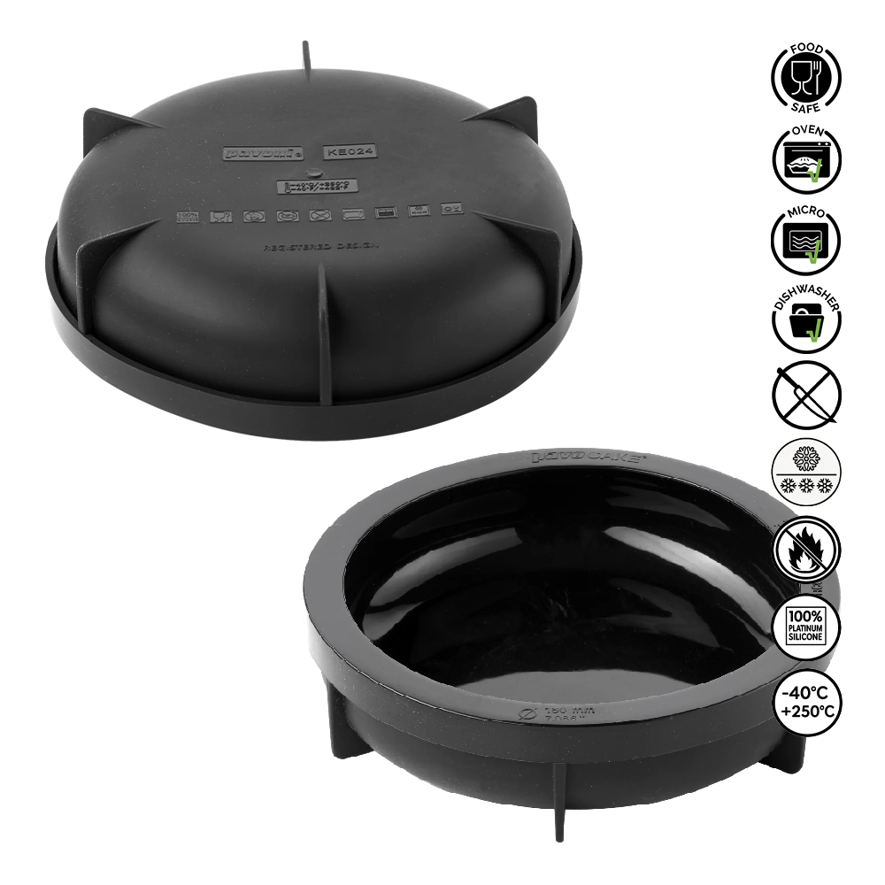 Black silicone lid with cat ears and a central well, featuring safety icons on a white background.