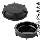Black silicone lid with cat ears and a central well, featuring safety icons on a white background.