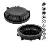 Two black waffle makers on a white background with safety icons.