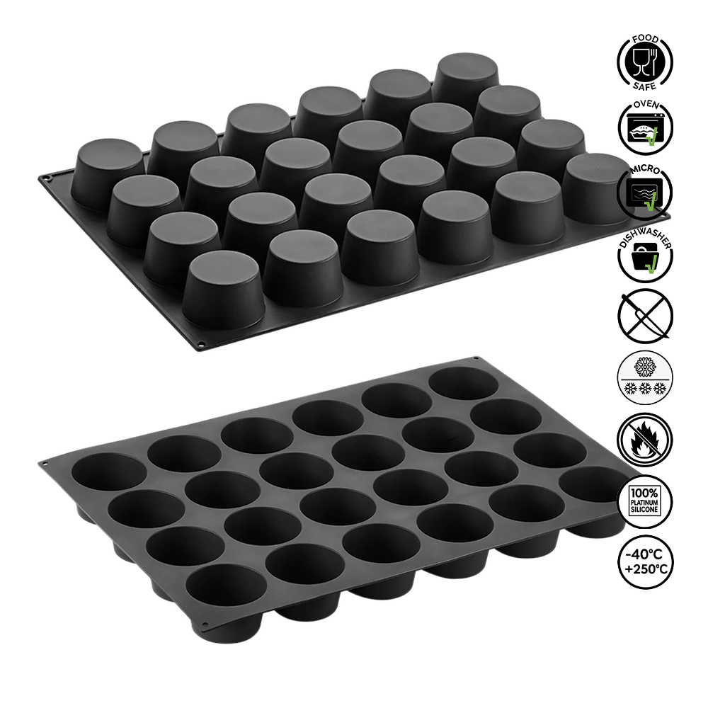 Two black silicone mold trays with various icons indicating safety and usage information on a white background.