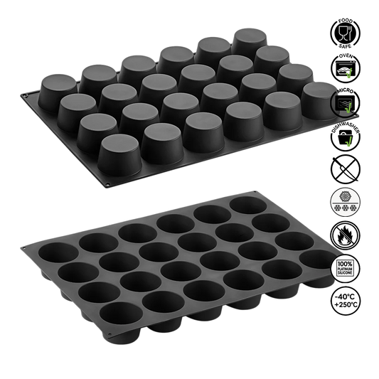 Two black silicone mold trays with various icons indicating safety and usage information on a white background.