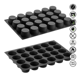 Two black silicone mold trays with various icons indicating safety and usage information on a white background.