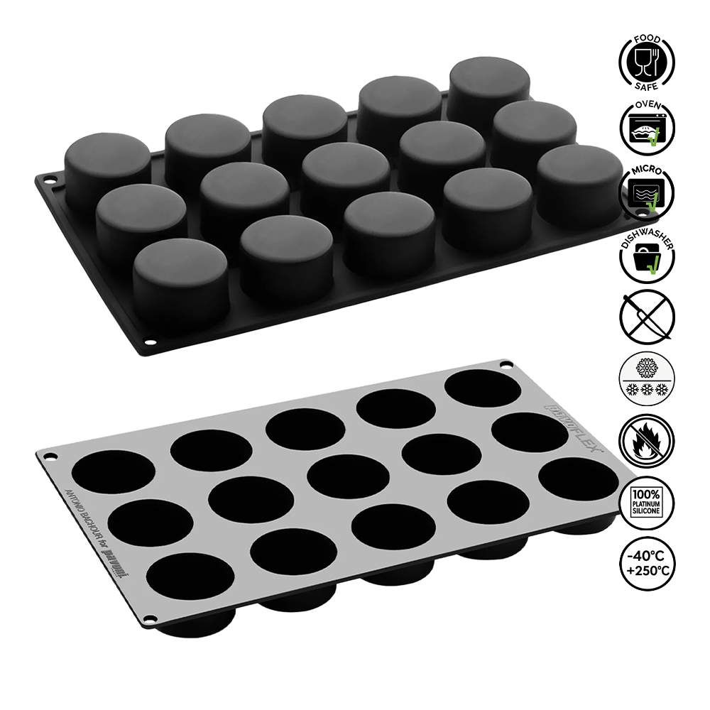 Two silicone baking molds with black silicone cups on a white background