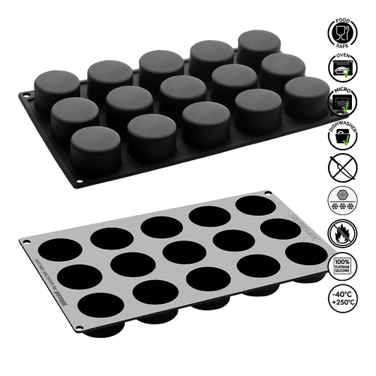 Two silicone baking molds with black silicone cups on a white background