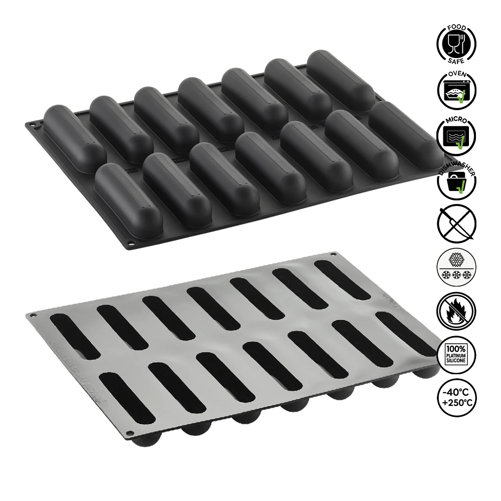 Two silicone baking mats with ribbed design on a white background, featuring safety and feature icons.