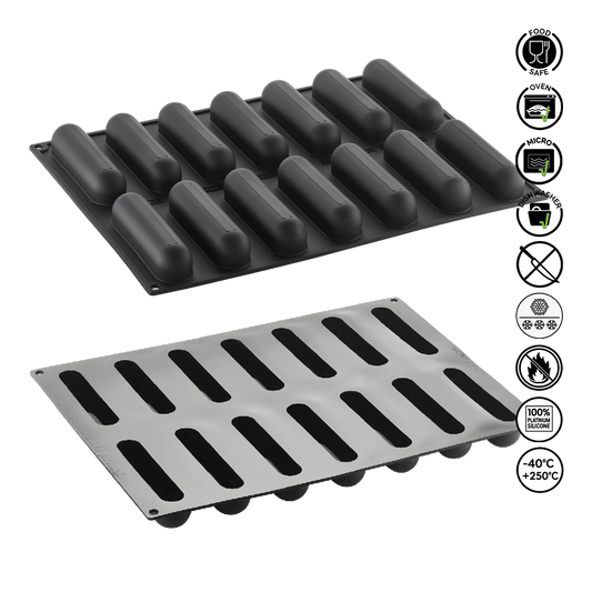 Two silicone baking mats with ribbed design on a white background, featuring safety and feature icons.