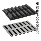 Two silicone baking mats with ribbed design on a white background, featuring safety and feature icons.