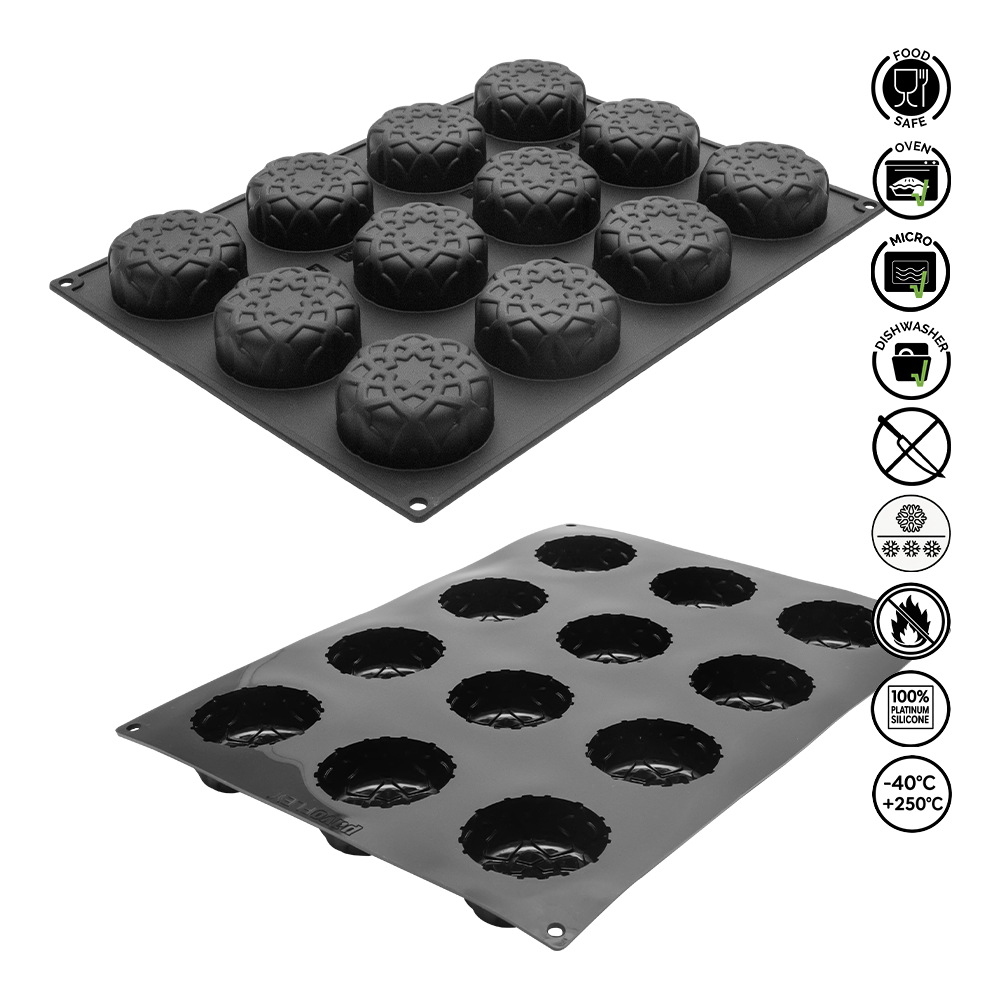 Two black silicone baking molds on a white background with icons indicating features.