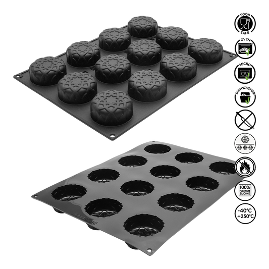 Two black silicone baking molds on a white background with icons indicating features.