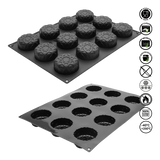 Two black silicone baking molds on a white background with icons indicating features.