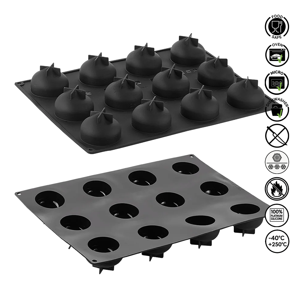 Two black silicone molds on a white background with icons indicating food-safe, dishwasher safe, and other properties.