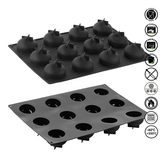 Two black silicone molds on a white background with icons indicating food-safe, dishwasher safe, and other properties.