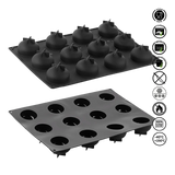 Two black silicone molds on a white background with icons indicating food-safe, dishwasher safe, and other properties.