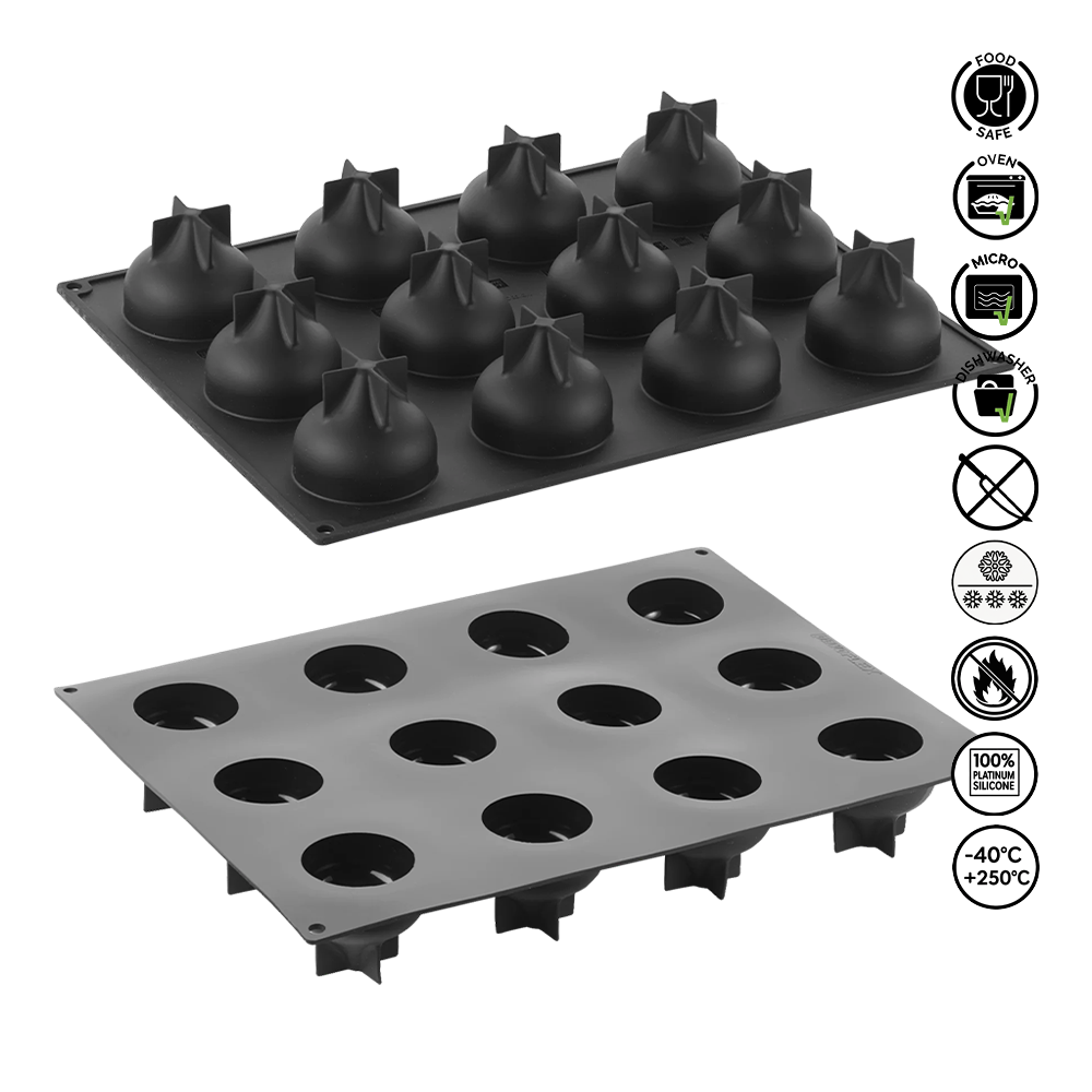 Two silicone baking molds on a white background with safety and feature icons.