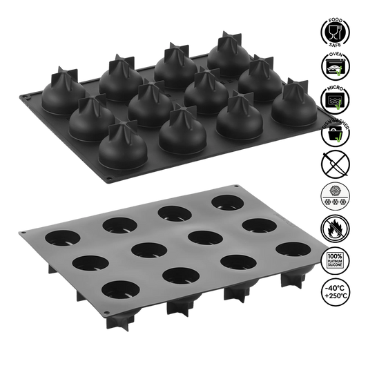 Two silicone baking molds on a white background with safety and feature icons.