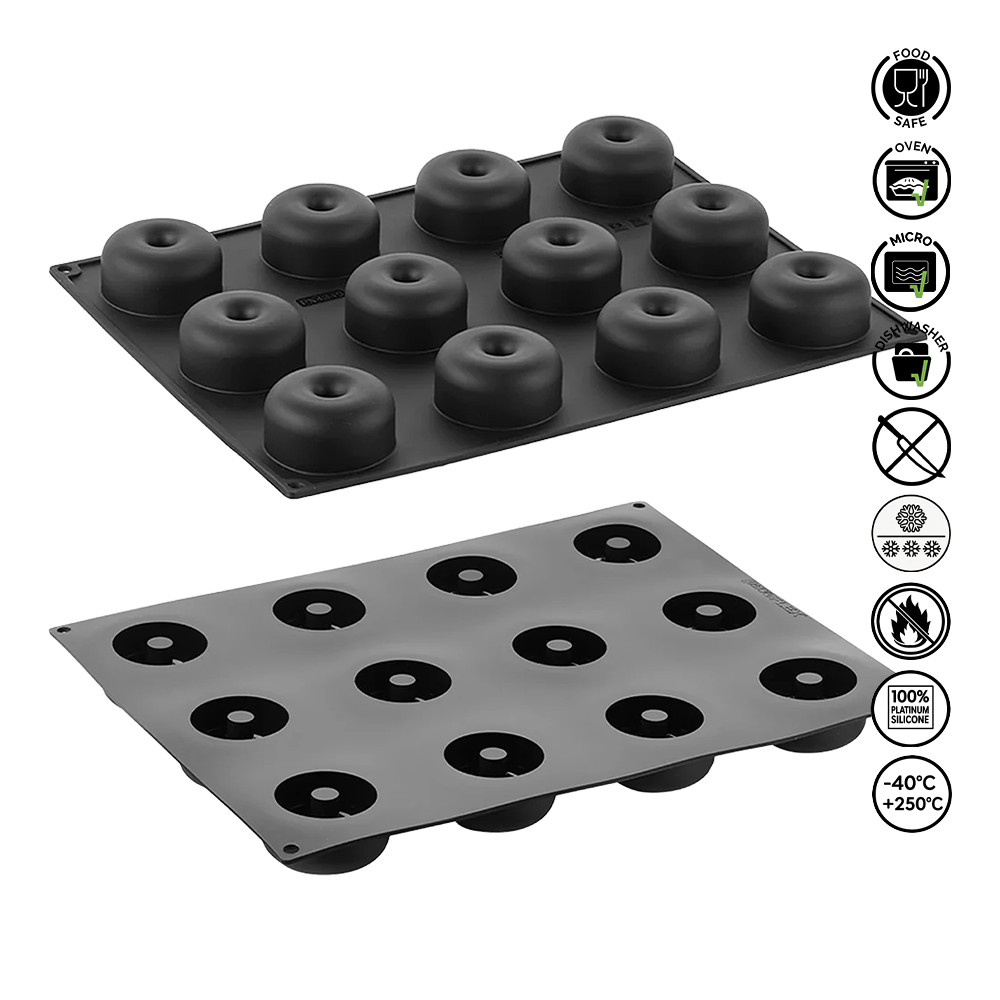 Two silicone donut molds on a white background with safety and feature icons.