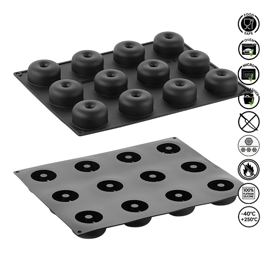 Two silicone donut molds on a white background with safety and feature icons.
