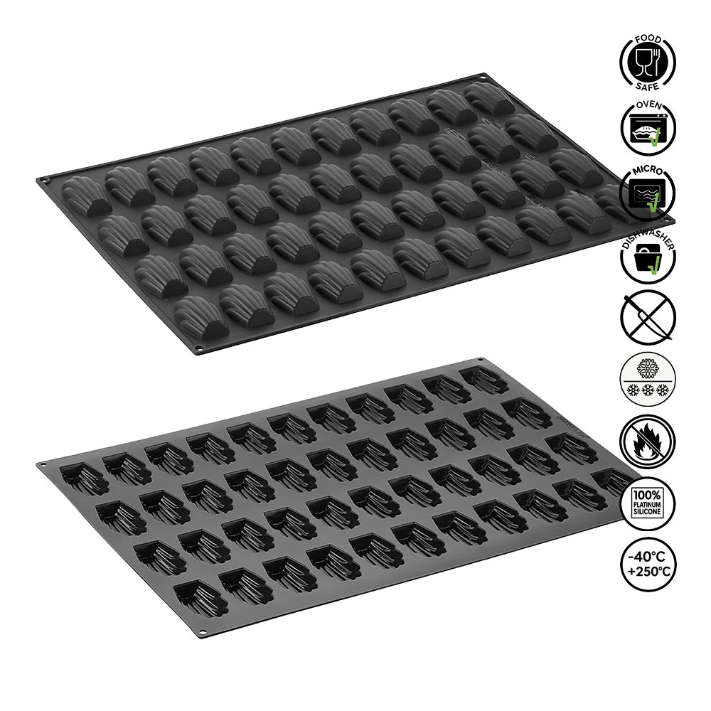 Two black silicone mold trays with various shapes on a white background, featuring icons indicating food safety and usage instructions.