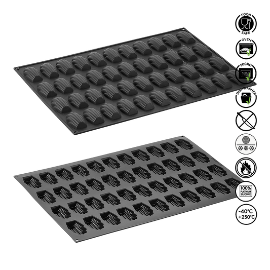 Two black silicone mold trays with various shapes on a white background, featuring icons indicating food safety and usage instructions.