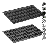 Two black silicone mold trays with various shapes on a white background, featuring icons indicating food safety and usage instructions.