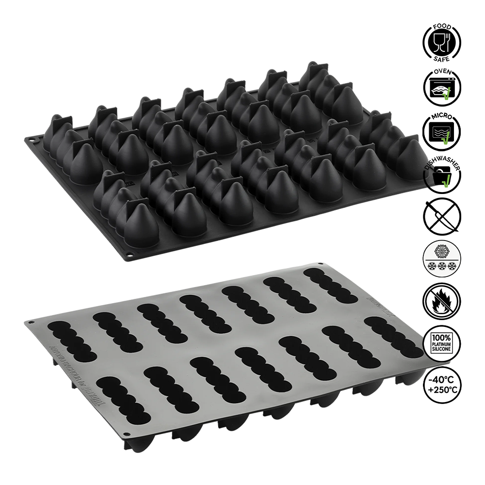Two silicone mold trays on a white background with safety and feature icons.