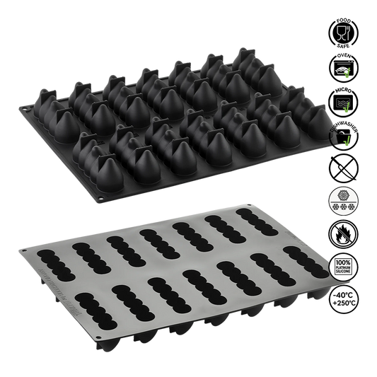 Two silicone mold trays on a white background with safety and feature icons.