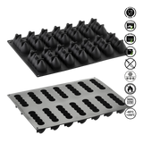 Two silicone mold trays on a white background with safety and feature icons.