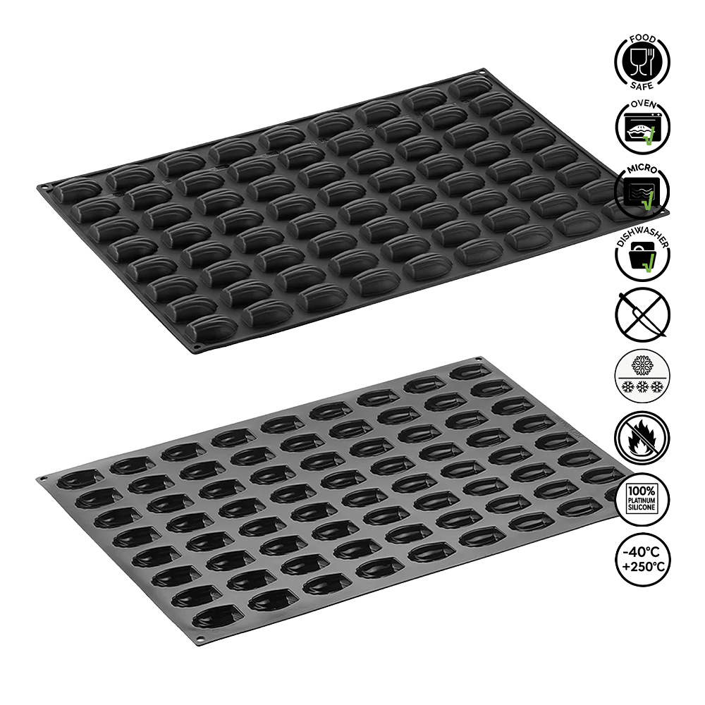 Two black silicone baking mats with cupcake molds on a white background, featuring safety and feature icons.