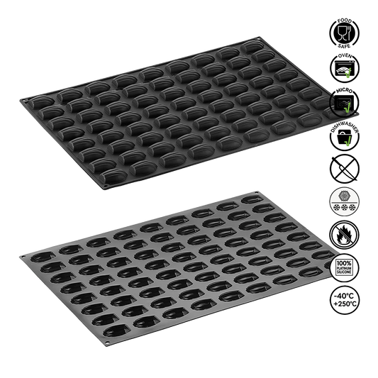Two black silicone baking mats with cupcake molds on a white background, featuring safety and feature icons.