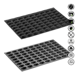 Two black silicone baking mats with cupcake molds on a white background, featuring safety and feature icons.