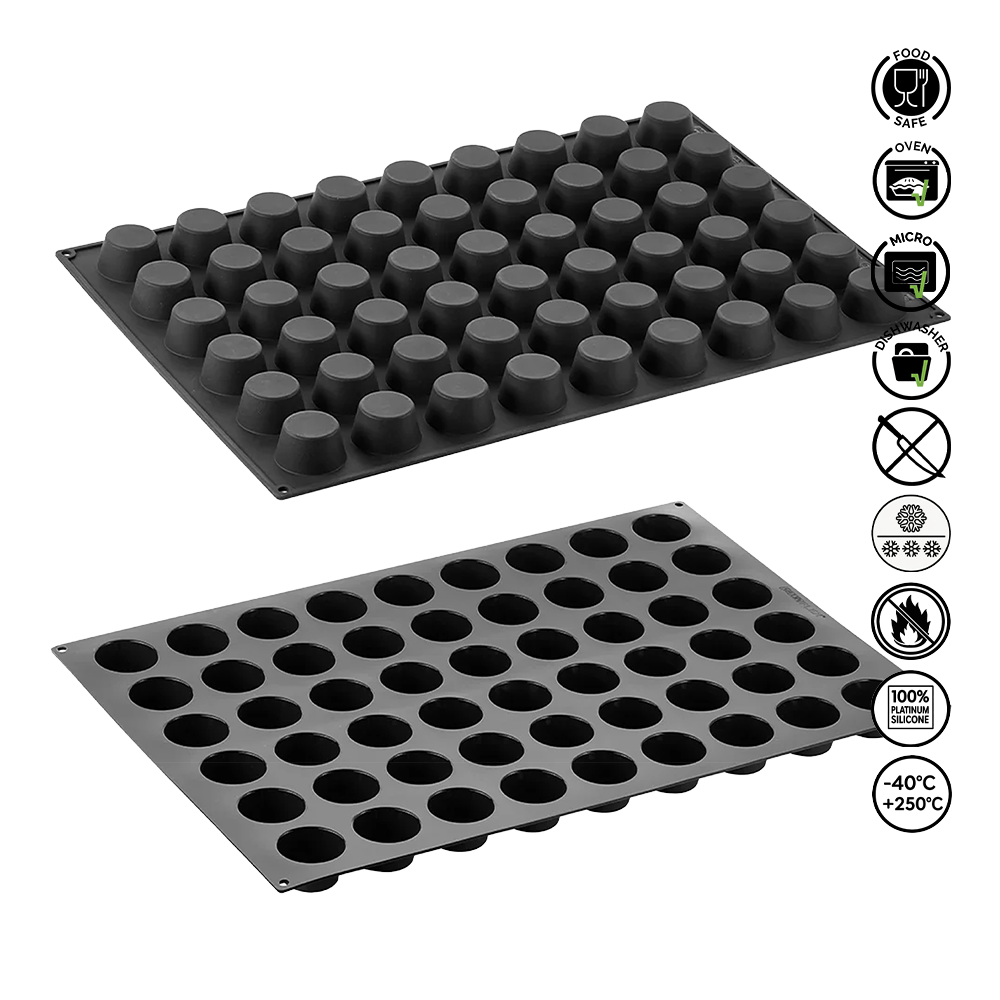Two black silicone mold trays with circular cavities on a white background, featuring food safe and micro safe icons.