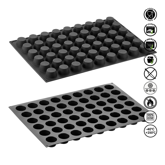 Two black silicone mold trays with circular cavities on a white background, featuring food safe and micro safe icons.