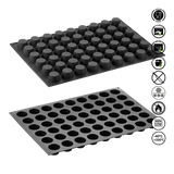 Two black silicone mold trays with circular cavities on a white background, featuring food safe and micro safe icons.