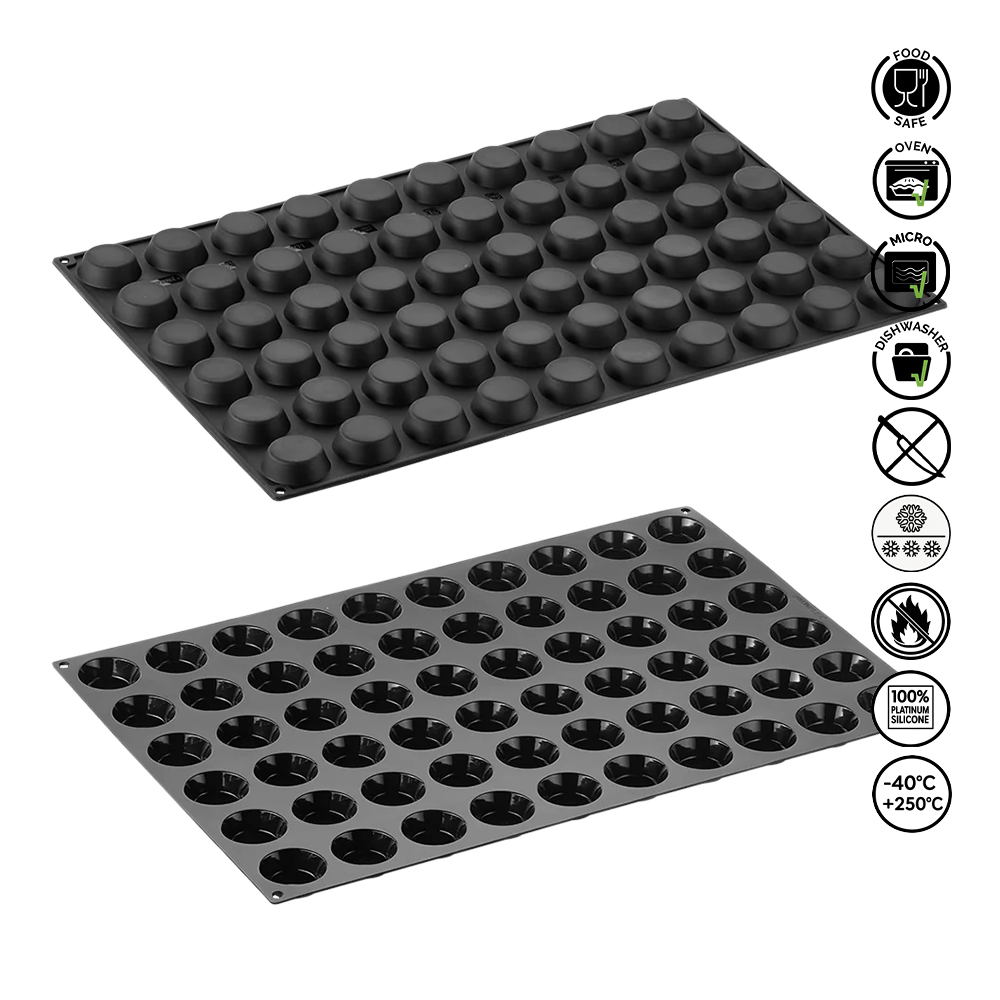 Two black plastic trays with circular indentations on a white background, featuring food safety and material property icons.