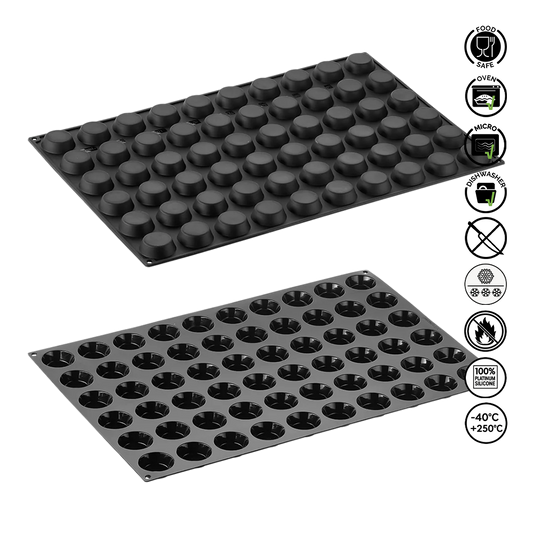Two black plastic trays with circular indentations on a white background, featuring food safety and material property icons.