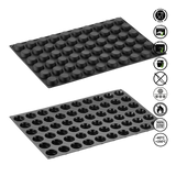 Two black plastic trays with circular indentations on a white background, featuring food safety and material property icons.