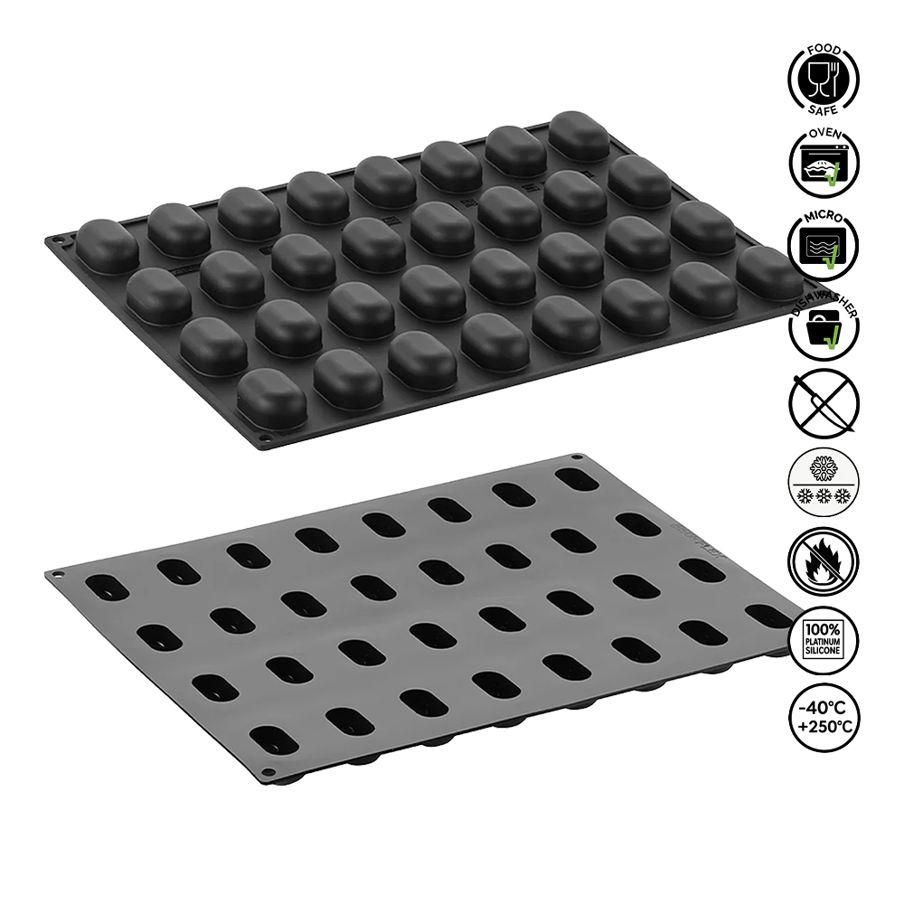 Two black silicone molds on a white background with safety and feature icons.
